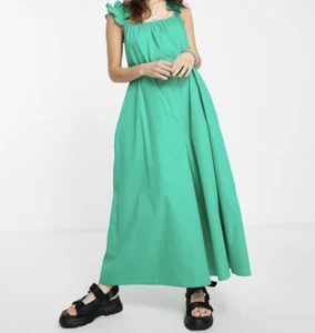 Topshop Wide Leg Jumpsuit Romper Size 4 Cotton Green Ruffle Strap Lagenlook - Picture 1 of 9