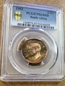 1952 SOUTH AFRICA 1/2 PENNY PCGS PR65 RB PROOF red toning - Picture 1 of 6