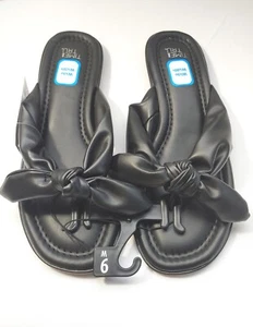Time and Tru Women’s Black SIZE 9 W Faux Leather Bow Thong Sandal - Picture 1 of 8