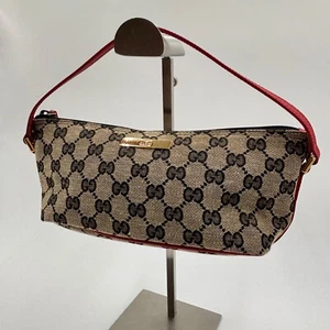 Lank AA! Gucci GG Canvas Leather Gray/Red Mini Accessory Pouch Bag Auth - Picture 1 of 14