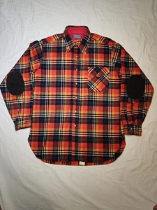 Vtg Pendleton Wool Shirt Red Plaid Leather Elbow Patch Mens Sz L Mint Rare Color - Picture 1 of 8