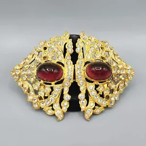Fibbia cintura vestito metallo pavè cristallo cabina vetro rosso tono oro anni '30 2 pezzi - Foto 1 di 10