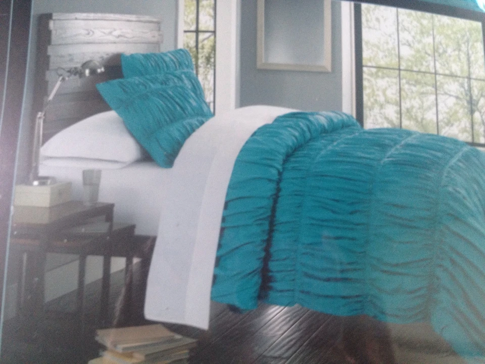 NUEVO CON ETIQUETAS JUEGO DE EDREDÓN CYNTHIA ROWLEY Turquesa Verde azulado Completo Queen Cottage Acanalado Otoño Foto 1 de 1