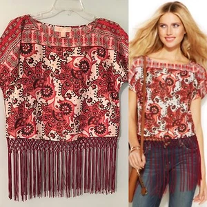 MICHAEL MICHAEL KORS Bluse Damen rot Papua Boho Print mit Fransen, Gr. S NEU Neu mit Etikett - Bild 1 von 6