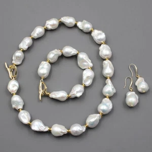 Cultured White Keshi Baroque Pearl Necklace Bracelet Earrings Sets For Women - Picture 1 of 20