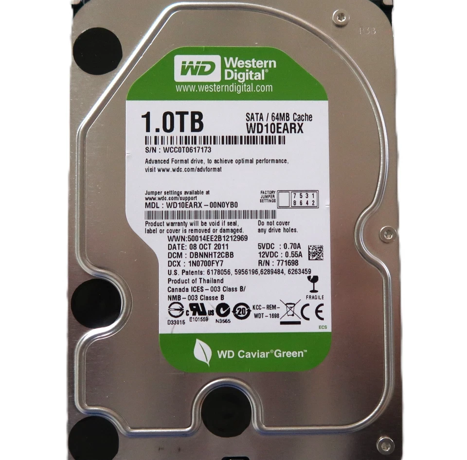 WD WD10EARX-00N0YB0 DBNNHT2CBB (WCC0) Thailand 1TB 3.5" Sata HDD OCT/2011 - Image 1 of 1