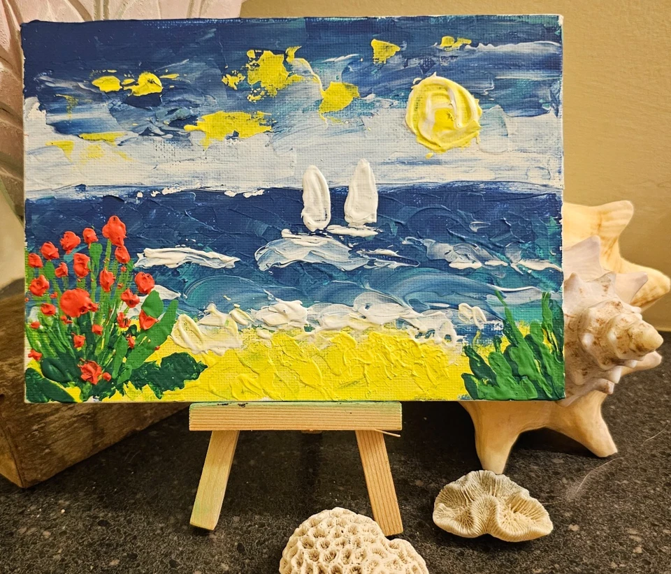 Hermosa idea de regalo pintura acrílica paisaje costero Impasto original 3D Foto 1 de 4