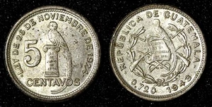 Guatemala Argento 1943 5 Centavos Filadelfia Zecca UNC KM# 238,2 (28 124) - Foto 1 di 3