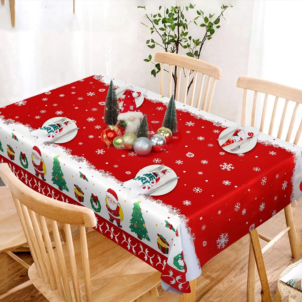 Raweao Christmas Tablecloth Santa Claus Trees Red 84x60 Inch Rectangle