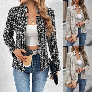 Ladies Long Sleeves Check Open Blazer Suit Work Stylish Jacket Coat OL Tops SIZE - Picture 1 of 21