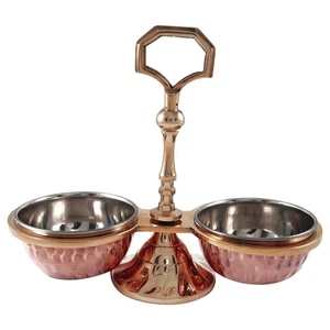 Brass Condiments Holder Traditional Serving Copper & Steel 2 Bowl Set Tableware - Picture 1 of 4