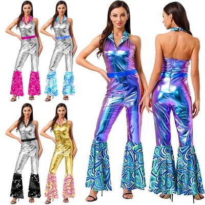 Damen Disco Jumpsuit Metallic Ärmellos Overall Mit Revers Kragen Disco Kostüm - Bild 1 von 4
