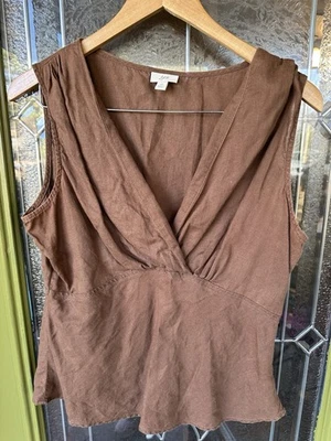 Blusa feminina J Jill 12 marrom 100% linho gola V bebê boneca sem mangas plissada - Imagem 1 de 4
