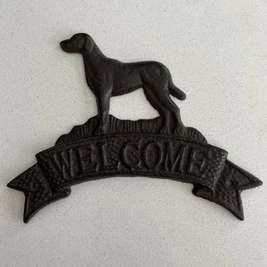 Vintage Cast Iron Dog WELCOME Front Door Sign Plaque Labrador Retriever Pointer - Picture 1 of 4