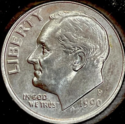 Misaligned Die/ Tilted Collar W/  Doubling Error! 1990 P Roosevelt Dime Coin - Image 1 of 4