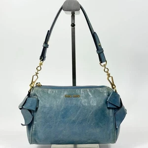 Bolso de hombro Miu Miu de cuero con cinta lateral azul claro JAPÓN - Imagen 1 de 10