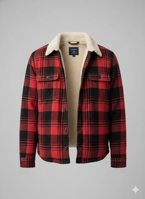 Abrigo forrado de sherpa a cuadros búfalo negro rojo J Crew Shacket para hombre talla pequeña Foto 1 de 4