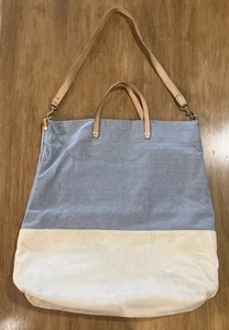 Clare V Tote Bag White Leather Bottom Blue Cotton Canvas Convertible Shoulder - Picture 1 of 24