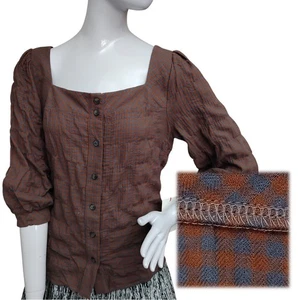 The Good Jane Bluse mittelbraun und blau Gingham-Print eckiger Ausschnitt 3/4 Arm - Bild 1 von 9