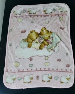 VTG Pink Sleeping Teddy Bears Microplush Throw Blanket Lamb Heart Flower 45x60 - Picture 1 of 22