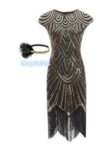Deluxe Ladies 1920s Roaring 20s Flapper Gatsby Costume Sequins 6-16 Black Gold - Picture 1 of 6