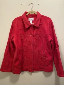 SUSAN GRAVER STYLE Fleece Jacket Button Up Embroidered 3D Applique Strawberry M - Picture 1 of 12