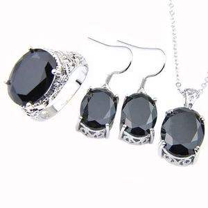 Weihnachtsgeschenke Schmuckset oval schwarz Onyx Silber Ohrhänger Halskette Ring 7 8 9 - Bild 1 von 15