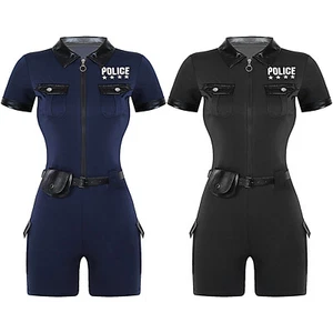 Women Leotard Halloween Jumpsuit Police Bodysuit Party Role Play Cosplay Cop - Picture 1 of 28