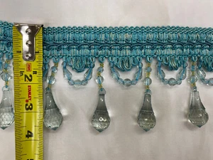 3.5” Tear Drop Beaded Trim Fringe W/ Gimp Top Sold By The Yard - Turquoise blue - Picture 1 of 4