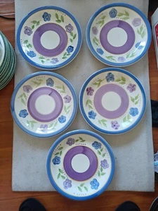 5x Gibson Bella DINNER Plates Blue Lavender Floral Bands Everyday Dishes 11" - Picture 1 of 14