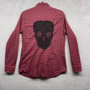 Damen Flanell Button Down Hemd rot kariert Häkel Totenkopf Langarm Größe S - Bild 1 von 8
