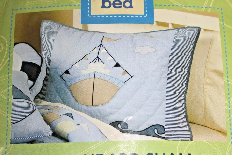 航海船帆绗缝标准儿童枕套刺绣贴花蓝色 — 第 1/2 张图片