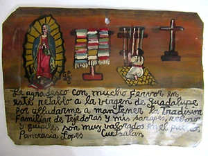 VTG HP MEXICAN TIN RETABLO VIRG. GUADALUPE HELP WEAVER MAINTAIN FAMILY TRADITION - Picture 1 of 15