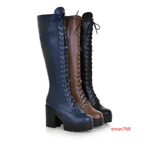 Women Knee High Combat Boots Lace Up Block Mid Chunky Heel Platform Knight Shoes - Picture 1 of 16