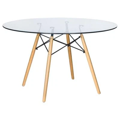 Dover Round Glass Top Dining Table W/ Natural Wood Eiffel Base - Image 1 of 4