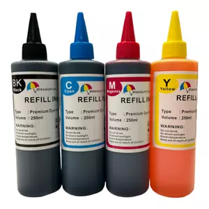 4x250ml PREMIUM DYE-BASED REFILL INK FOR HP LEXMARK DELL CANON - 4PKS - Picture 1 of 3