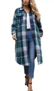 Omoone Womens Lounge Lapel Button Up Long Sleeve Plaid Long Shirt Jacket - M - Picture 1 of 3