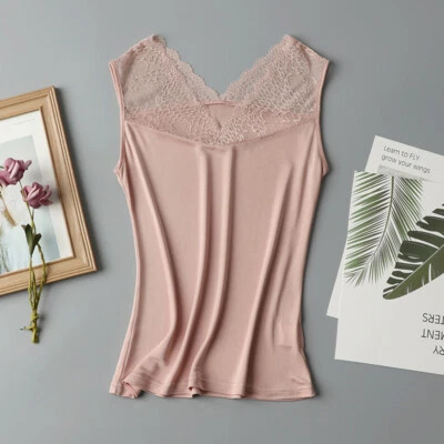 Mujeres Camisola Morera Seda Camiseta sin Mangas Encaje Cuello en V Encaje Camisa Básica Sin Mangas Foto 1 de 4
