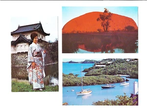 3 QANTAS coloured postcards - AYERS ROCK, JAPAN & BERMUDA - Picture 1 of 2