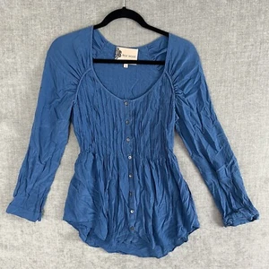 Fleur Wood Womens Size 1 Blue Blouse 100% Silk Long Sleeve Button Up Pleated - Picture 1 of 12