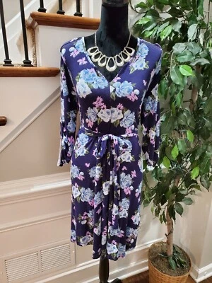 Vestido Everly Gris Mujer Azul Floral Rayón Manga Larga Cuello en V Hasta la Rodilla Talla M Foto 1 de 4