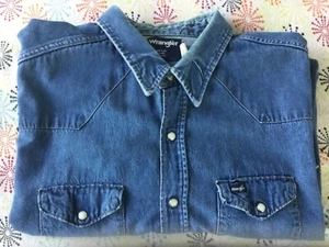 Camicia vintage Wrangler uomo 20x35 3-4XLT blu denim chambray lunga sl. Pearl Snap USA - Foto 1 di 8