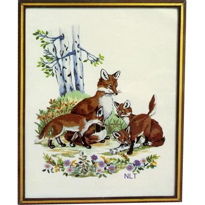 Vintage Crewel Embroidery Kit Animal Family Fox Foxes Woodland Scene Flowers - Image 1 of 4
