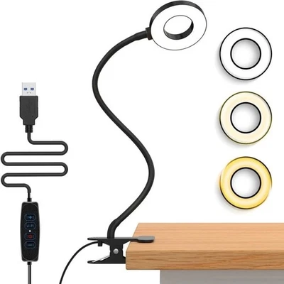 Dimmable Clip On Desk Lamp Gooseneck Arm Selfie Ring Light Reading Table Light - Image 1 of 4