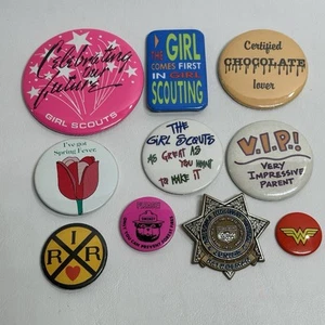 10 Pinback Buttons & Badges Girl Scouts Smokey Bear Railroad Jr Patrolman - Picture 1 of 8