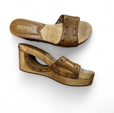 Vintage Y2K Michael Kors Leather Wood Cut Out Wedge Sandals Heels Size 7.5/8 - Image 1 of 4