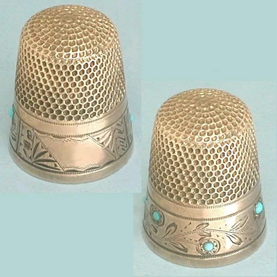 Antiguo dedal de plata de ley dorada y turquesa * Marca de corona * Alrededor de 1900 Foto 1 de 2