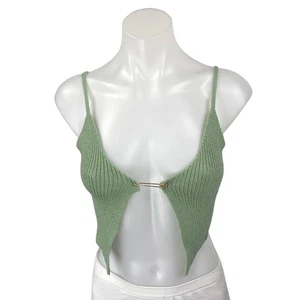 Hera Collection Green Ribbed Knit Sleeveless Cami Tank Cardigan Crop Top Size S - Picture 1 of 4