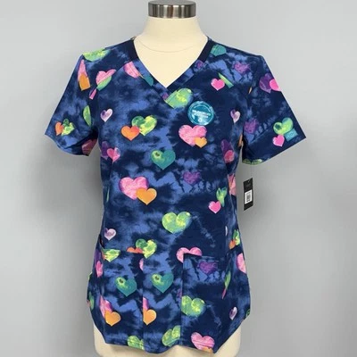NWT Dickies Scrub Top S Blue Hippie Hearts Love Scrubs Nurse Uniform Medical - Image 1 of 4
