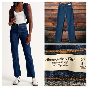 NWT Abercrombie Jeans Size 27 4 Long Ultra High Rise Ankle Straight Dark Denim - Picture 1 of 12